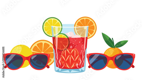 Vibrant summer cocktails adorned with fresh citrus slices, surrounded by stylish red sunglasses, evoking a joyful and refreshing holiday atmosphere.