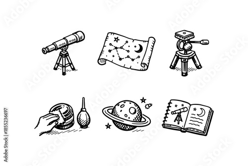 Hand drawn astronomy icons: telescope, constellation map, saturn, telescope lens, astronomy book