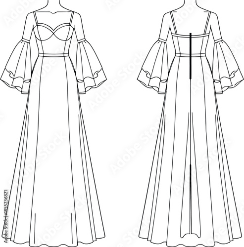 Elegant evening gown design with detailed sleeves Vector
