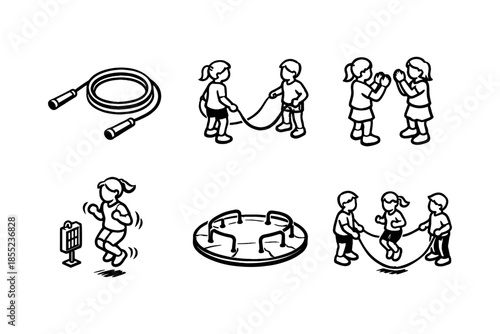 Children playing: isometric icons of playground activities and toys
