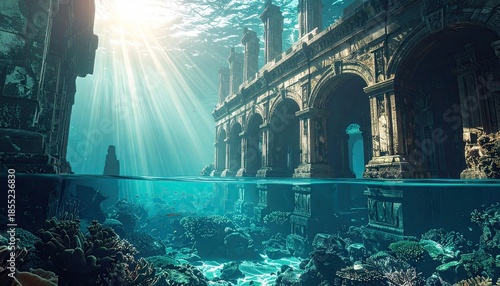 Submerged Ancient Ruins: Sunlit Teal Waters and Stone Architecture