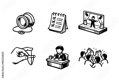 Black and white icons: yo-yo, task list, performance, needle, office worker, applause