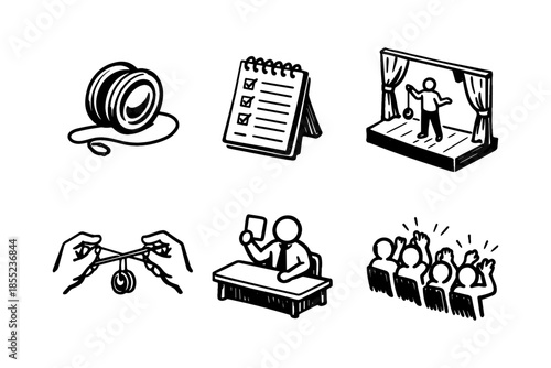Hand-drawn entertainment activities: juggling, yo-yo, knitting, performance, and judging