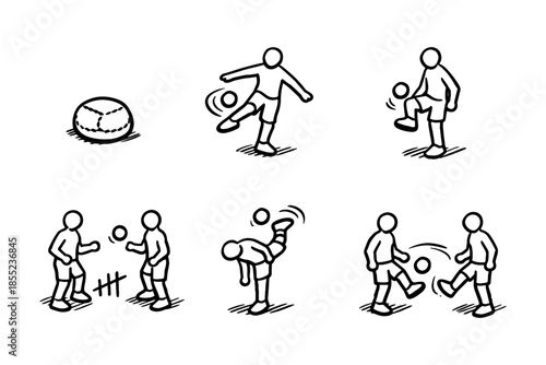 Stick figure soccer moves: dribbling, kicking, and passing in doodle style