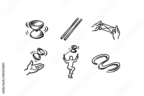 Whimsical juggling and string tricks in black and white line art