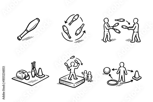 Hand-drawn juggling techniques with clubs and movement diagrams