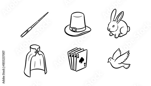 Magic show elements: wand, hat, rabbit, cloak, playing cards, dove