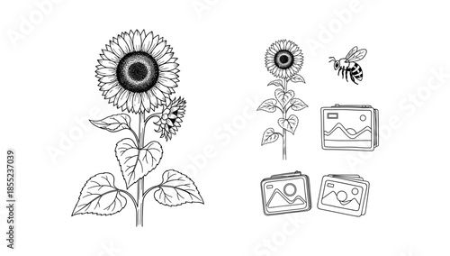 Black and white botanical sunflower and bee sketch with nature elements and photography icons