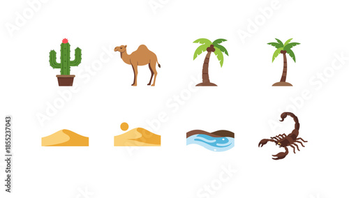 Desert elements: camel, cactus, palms, sand dunes, oasis, scorpion in flat style