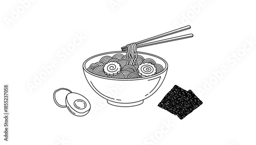 Detailed linear illustration of japanese ramen bowl with chopsticks, eggs, and nori