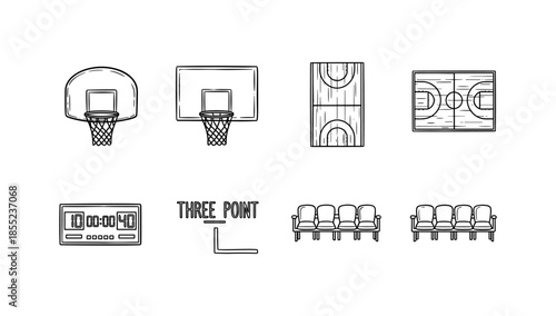 Minimalist basketball court elements and equipment set in outline style