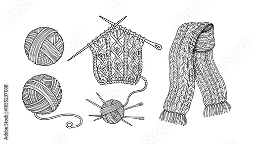 Hand drawn knitting elements with needles and yarn balls
