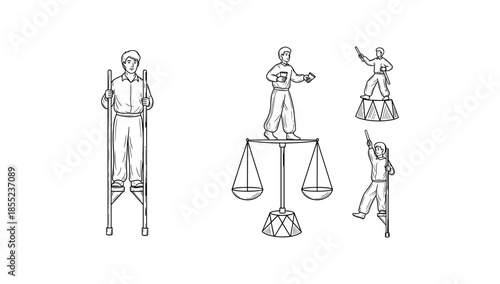 Sketch of unicyclists and balancers engaged in unique performances