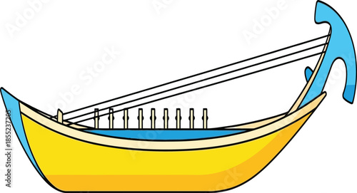 Simple illustration of a yellow boat with a blue anchor and rigging