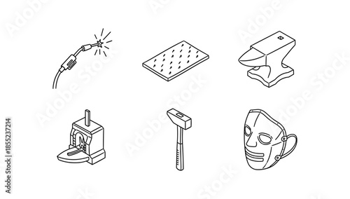 Blacksmith workshop tools: anvil, hammer, forge, welding, and protective mask in linear style