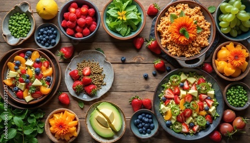 Wallpaper Mural Overhead view of rustic wooden table filled with colorful vegan dishes, fresh fruits. Featuring strawberries, blueberries, oranges, peas, avocado, grapes. Offers vibrant, healthy meal arrangement. Torontodigital.ca