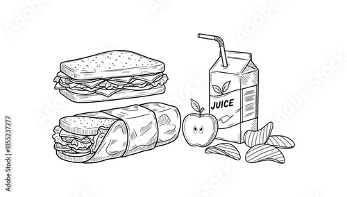 Hand drawn sandwich lunch with juice box and apple