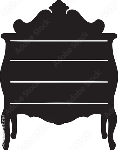 Black silhouette of a vintage dresser with ornate top and multiple shelves furniture