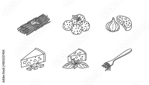 Hand-drawn italian cuisine ingredients icons: pasta, cheese, tomatoes, and garlic
