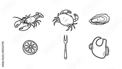 Seafood line art: lobster, crab, oyster, lemon, fork, bib