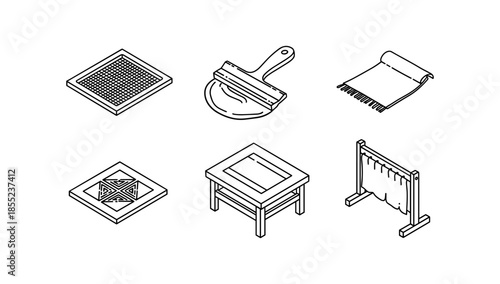Traditional japanese home elements: tatami, sudare blinds, zabuton, and more in simple line art