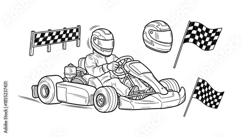 Sketch of go-kart racer with checkered flags and helmet in monochrome style