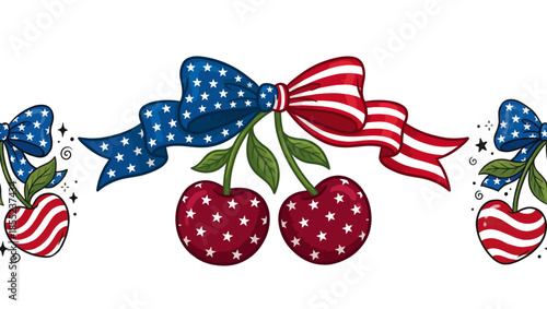 Patriotic Heart Cherry Illustration with Stars and Blue Bow, patriotic cherries, heart shaped cherries, american flag cherries, red white striped cherries, usa themed fruit, americana illustration, 