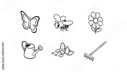 Simple black and white garden icons: butterfly, bee, flower, watering can, seeds, rake