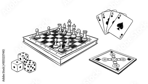 Classic game elements: chess board, playing cards, dice, and game mat