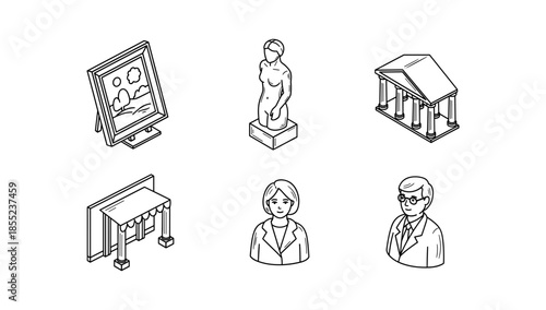 Artistic and cultural icons in isometric linear style featuring paintings, sculptures, and historic architecture