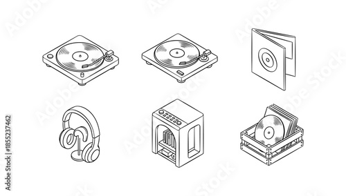 Retro music icons collection in isometric style featuring turntables, vinyl, and audio equipment