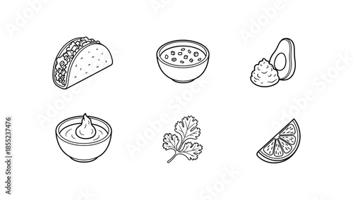 Mexican food doodles: taco, salsa, avocado, guacamole, cilantro, lime
