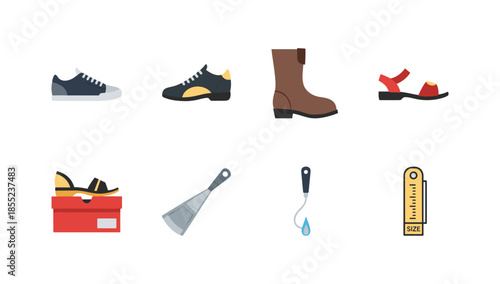 Footwear icons set: casual, formal, sandals, and tools for shoe care and measurement