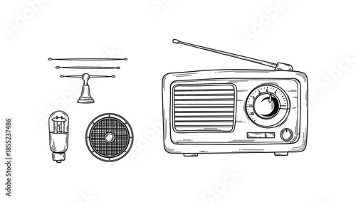 Vintage radio set with antenna and components in line art style