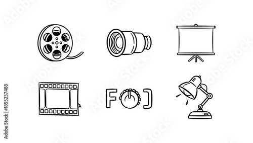 Minimalist cinema icons: film reel, projector, movie symbols in black and white