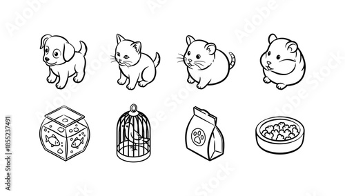 Cute pet illustrations: dogs, cats, guinea pigs, hamsters and accessories in black and white line art