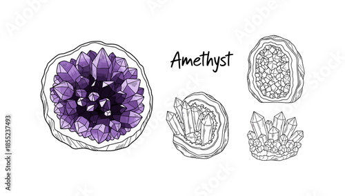 Hand-drawn amethyst crystal sketches with vibrant purple gemstone designs