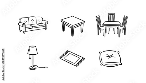 Home furniture set: sofa, table, chairs, lamp, rug, pillow in black outline style