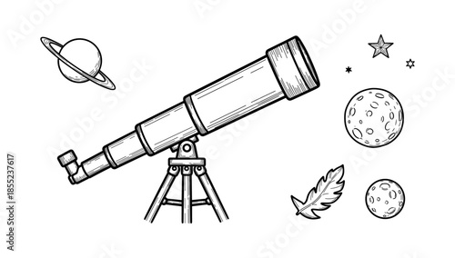 Hand drawn telescope with celestial elements in space illustration