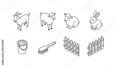 Cute farm animals and tools in black and white line art style