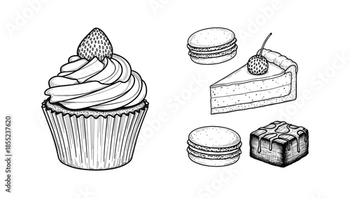 Hand drawn desserts: cupcake, macarons, and cheesecake art