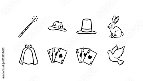Magic show essentials: line art icons of hat, wand, cards, rabbit, and dove