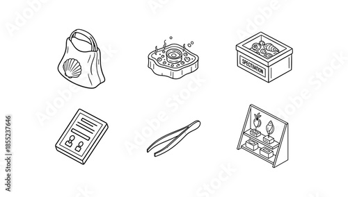 Isometric icons: eco bag, sushi platter, specimen box, resume, tweezers, display shelf