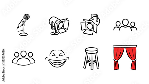 Icon set for comedy and theater: microphone, stage lights, audience, and red curtain