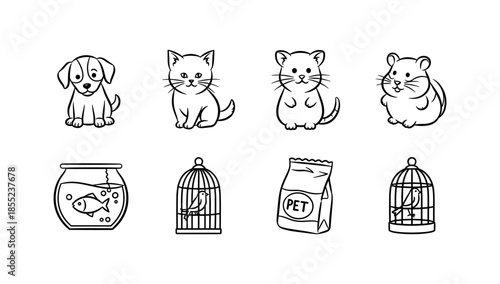 Outline icons of cute pet animals and accessories for home use