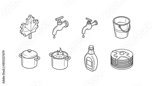 Line art icons of autumn leaves, water taps, kitchen pots, syrup bottle, pancakes in minimalist style