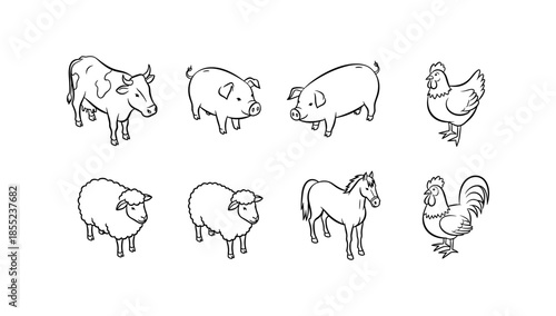 Farm animal outline collection: cow, pig, chicken, sheep, horse, rooster