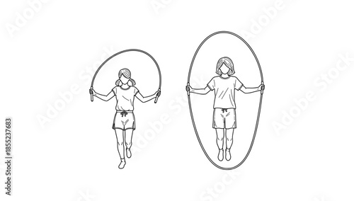 Linear art: two girls jumping rope in minimalist line style