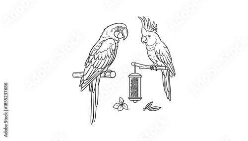 Detailed linear drawing of two parrots on perches with seed feeder and leaves