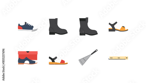 Collection of stylish footwear and tools in modern flat design